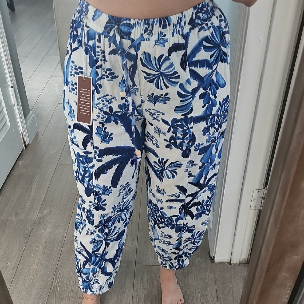 NWT Panarama Jack Blue Tropical Floral Palm Tree Linen Jogger Pants